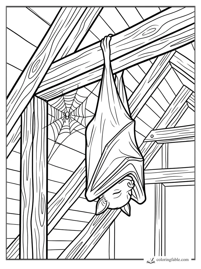 Sleepy bat hanging upside down from wooden attic rafters beside a spiderweb.