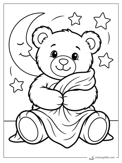 Cute bear hugging a blanket with crescent moon and stars, easy coloring page for kids