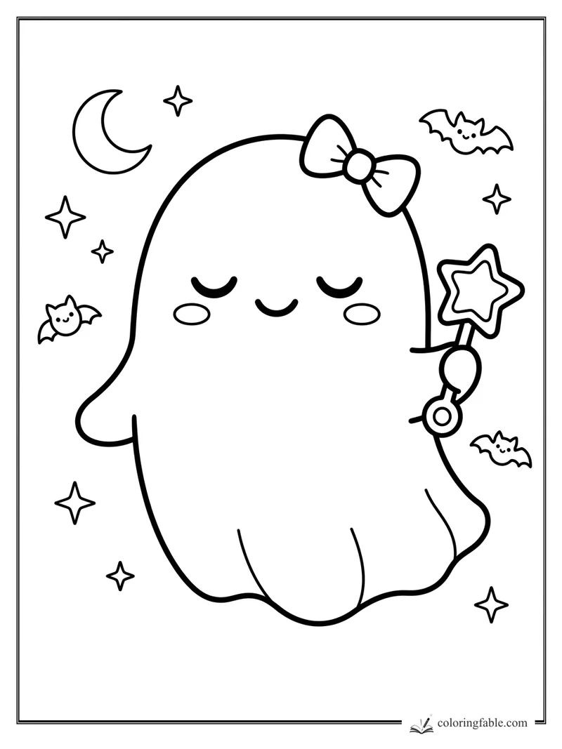 Kawaii sleepy ghost with a bow, star wand, crescent moon, bats, and twinkling stars