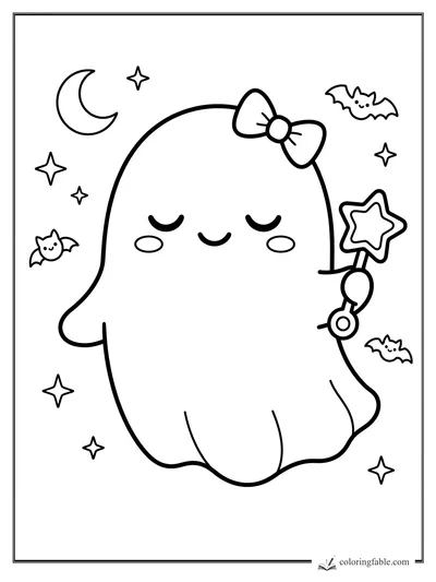 Kawaii sleepy ghost with a bow, star wand, crescent moon, bats, and twinkling stars