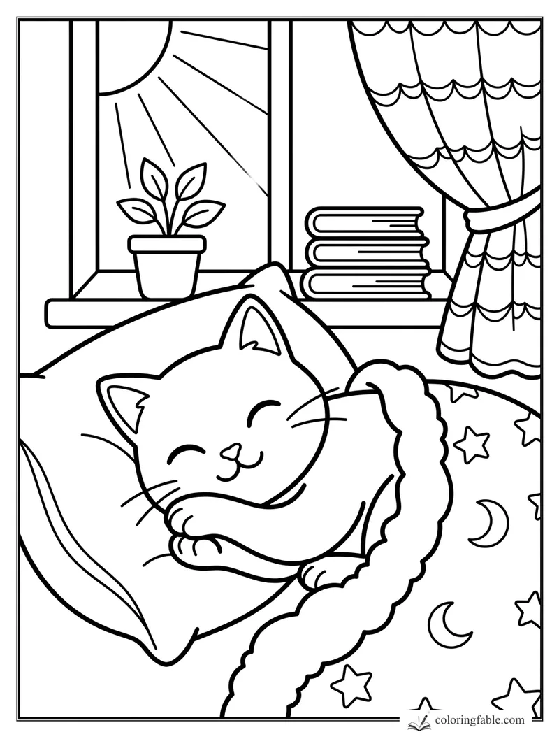 Cartoon cat sleeping on a pillow under a moon-and-stars blanket beside a sunny window, books, plant, and curtain.