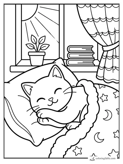 Cartoon cat sleeping on a pillow under a moon-and-stars blanket beside a sunny window, books, plant, and curtain.