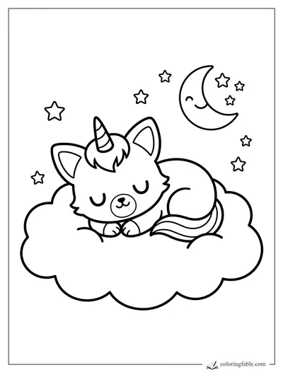 Kawaii caticorn sleeping on a fluffy cloud with crescent moon and stars