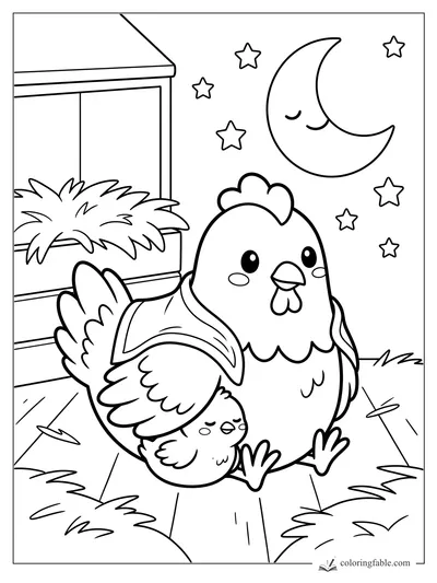 Kawaii hen sheltering a sleepy chick under her wing beside a coop, crescent moon, stars, hay, and grass.