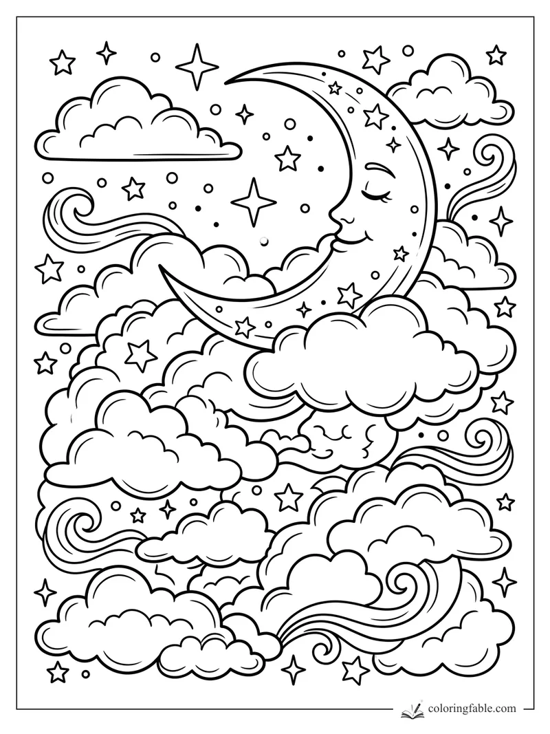 Sleepy crescent moon with closed eyes among fluffy clouds, swirls, dots, and stars coloring page