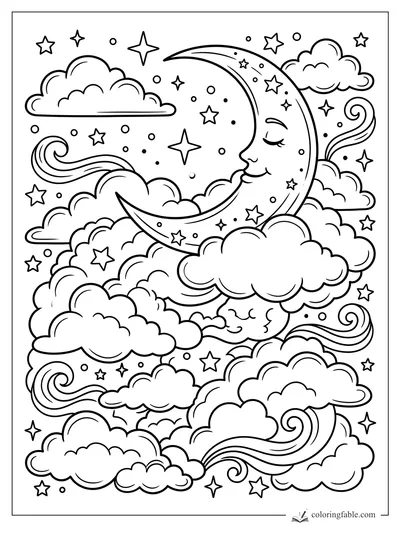 Sleepy crescent moon with closed eyes among fluffy clouds, swirls, dots, and stars coloring page