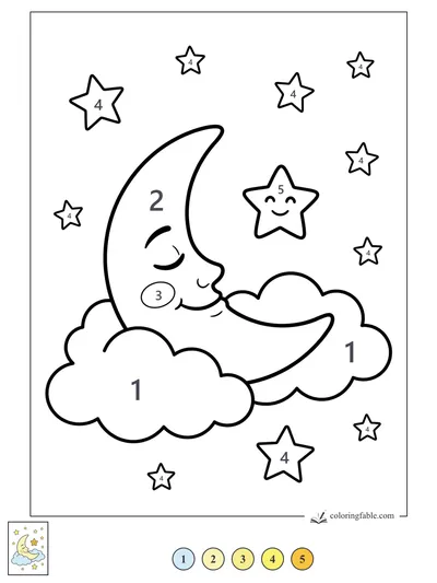 Sleepy Crescent Moon in Puffy Clouds — color by number