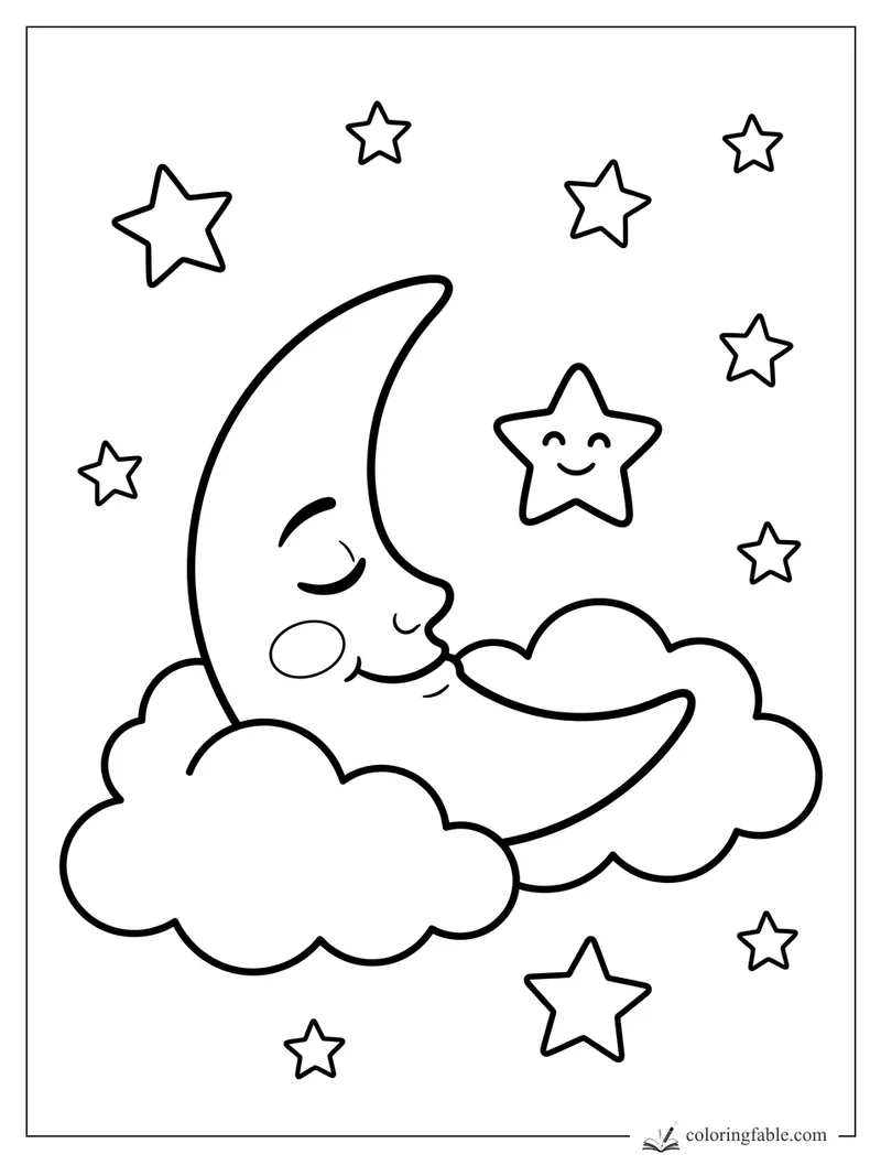 Cartoon crescent moon with closed eyes resting in clouds, surrounded by smiling and twinkling stars.