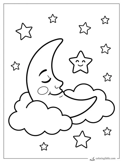 Cartoon crescent moon with closed eyes resting in clouds, surrounded by smiling and twinkling stars.