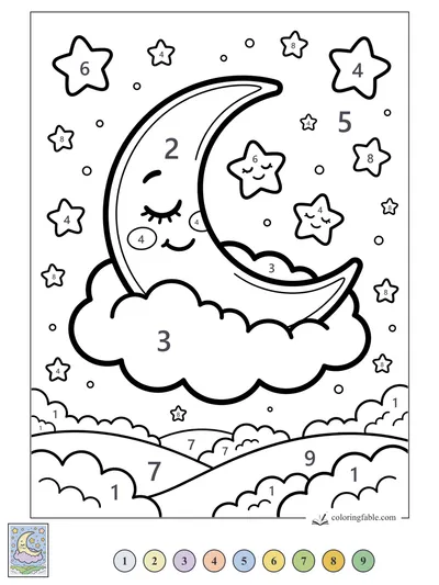 Sleepy Crescent Moon with Little Stars — color by number