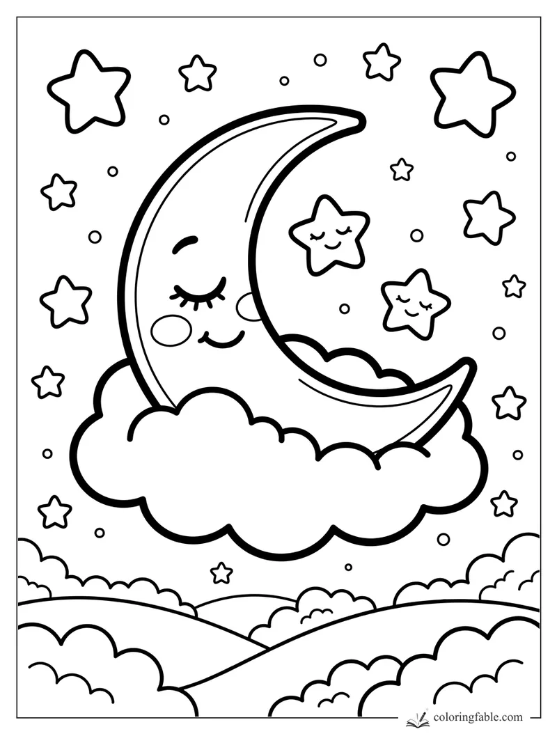 Cartoon crescent moon sleeping on a cloud, surrounded by smiling stars and rolling clouds
