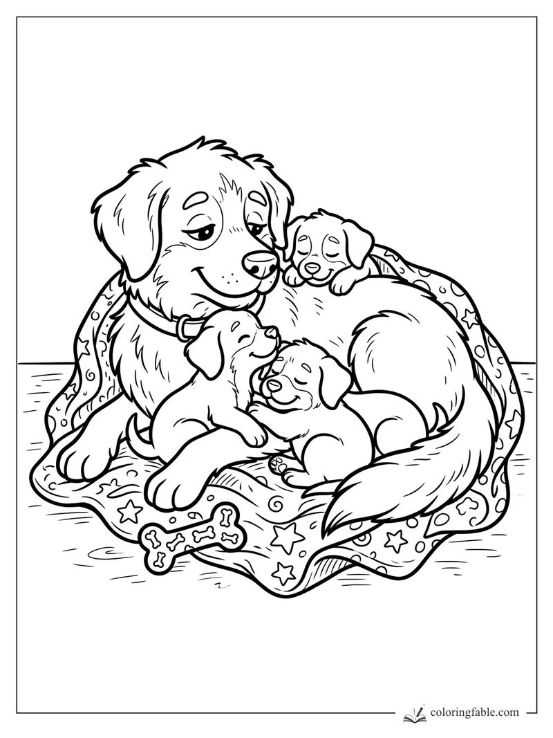 Cartoon mother dog cuddling three sleepy puppies on a star-patterned blanket with a bone toy.