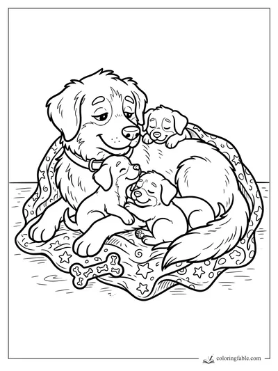 Cartoon mother dog cuddling three sleepy puppies on a star-patterned blanket with a bone toy.