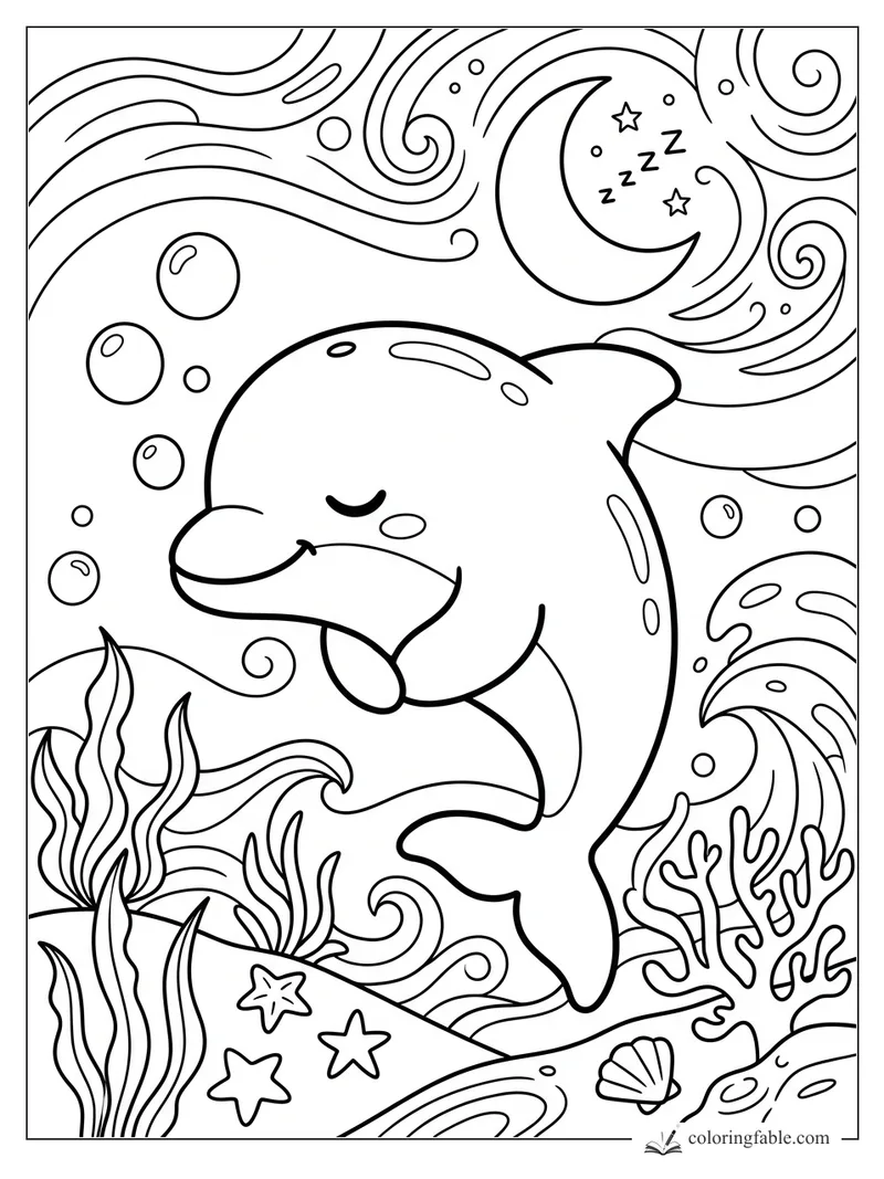 Kawaii sleepy dolphin with bubbles, seaweed, coral, stars, and a crescent moon underwater