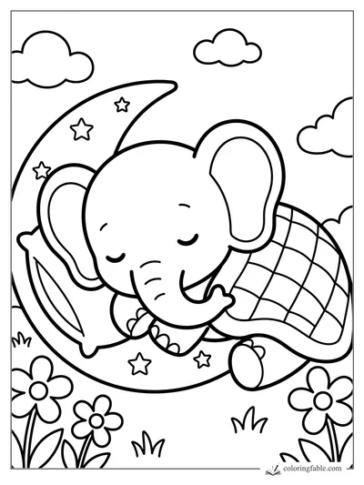 Cute sleepy elephant cuddling a crescent moon with stars, clouds, flowers, pillow, and checkered blanket