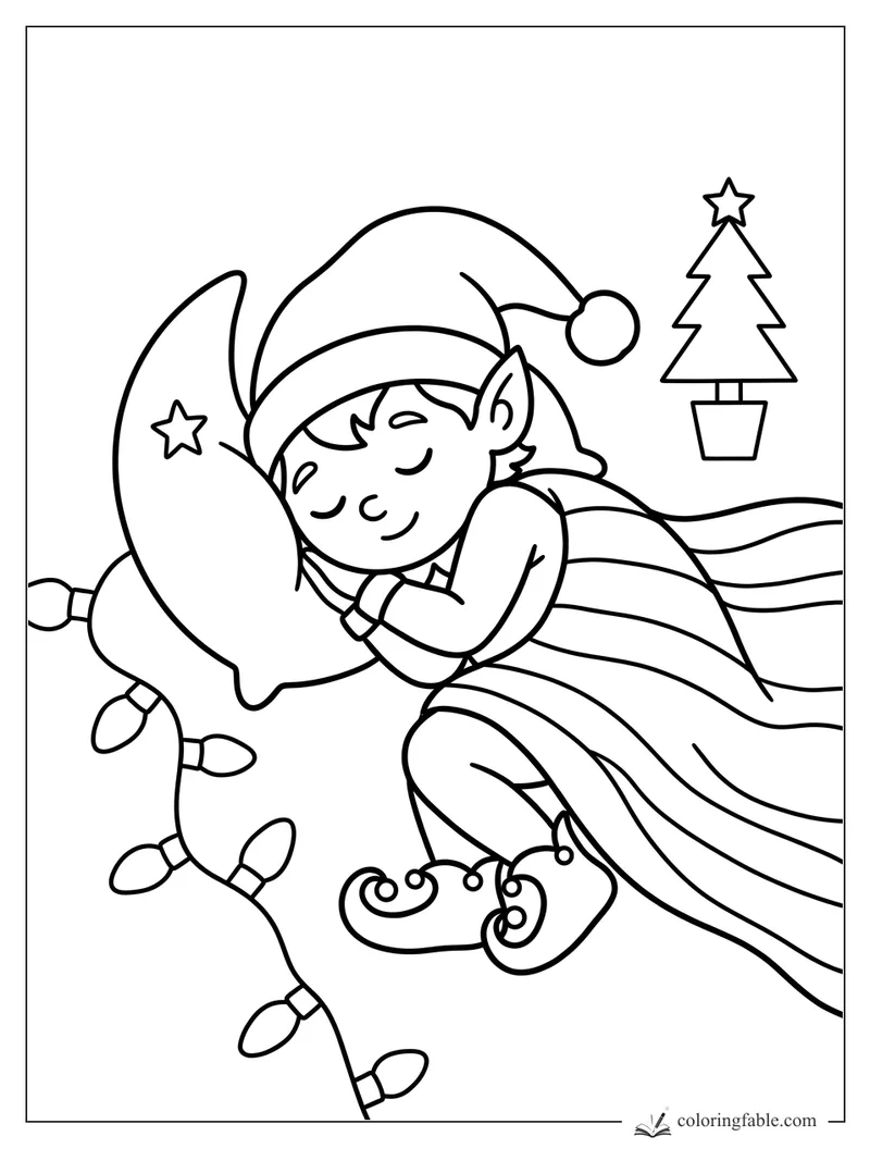 Sleeping elf in a Santa hat hugs a crescent moon pillow under a striped blanket with lights and a tiny tree.