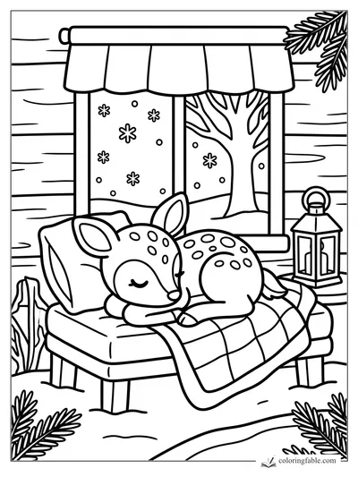 Sleeping fawn on a cushioned bench with plaid blanket, lantern, cabin window, and falling snow