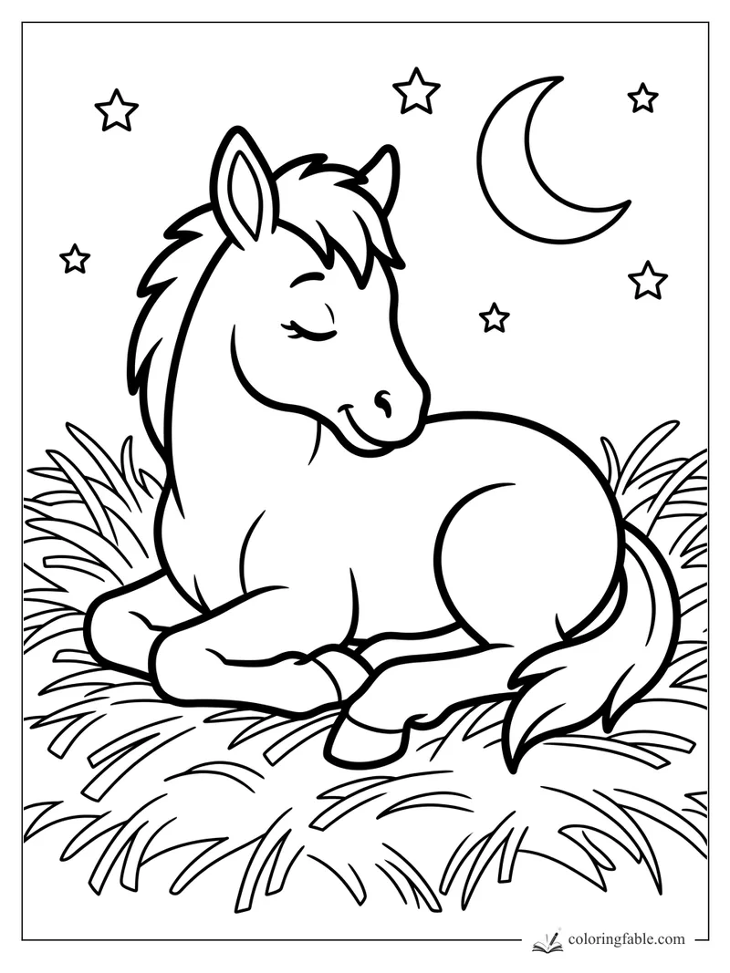 Sleepy foal resting in grass under a crescent moon and six stars, bold easy horse coloring page.