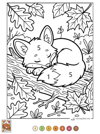 Sleepy Fox Curled on an Autumn Log — color by number