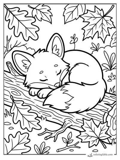 Cartoon fox sleeping on a log among large autumn leaves, twigs, grass, and wood-grain lines.