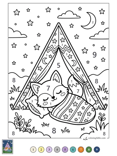 Sleepy Fox in a Starry A-Frame Tent — color by number