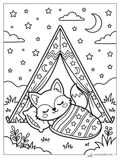 Kawaii fox sleeping in a star-patterned tent under a crescent moon and stars