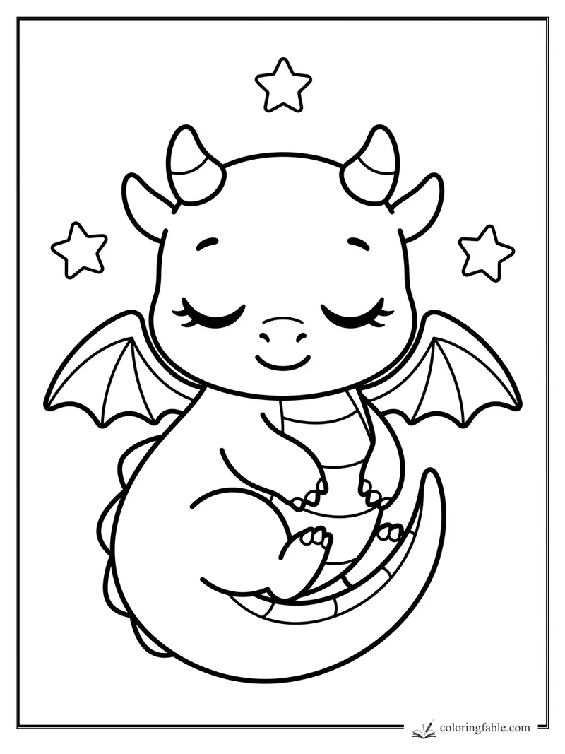 Kawaii baby dragon with closed eyes, tiny wings, curled tail, striped horns, and three stars
