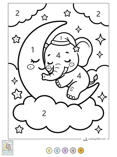 Sleepy Kawaii Elephant on a Crescent Moon — color by number