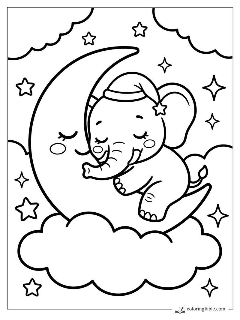 Kawaii baby elephant sleeping on a crescent moon with clouds, stars, nightcap, and dangling star charm.
