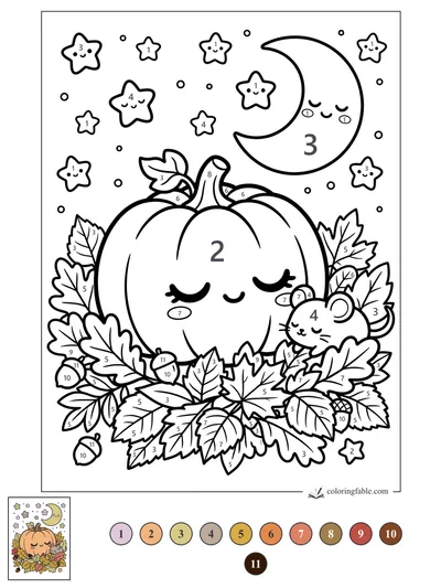 Sleepy Kawaii Pumpkin Under a Crescent Moon — color by number