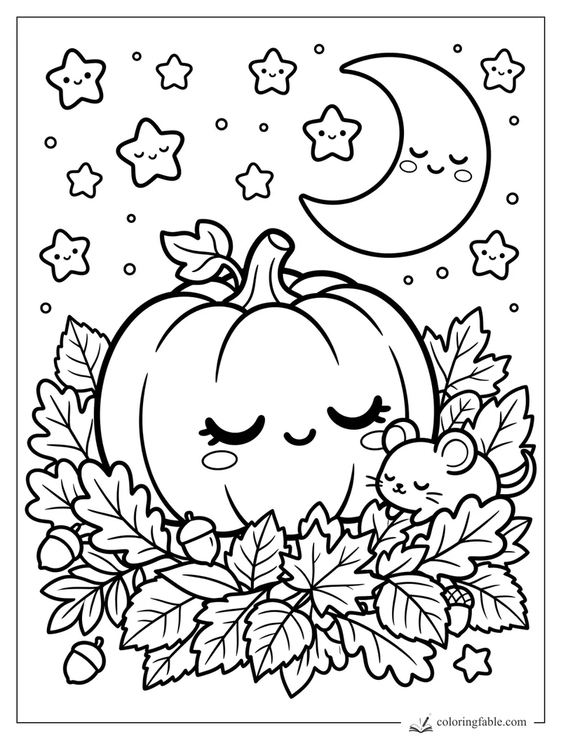 Kawaii sleepy pumpkin with mouse, crescent moon, stars, autumn leaves, and acorns coloring page