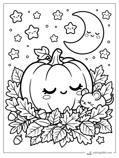 Kawaii sleepy pumpkin with mouse, crescent moon, stars, autumn leaves, and acorns coloring page