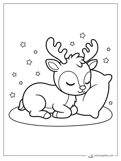 Kawaii reindeer sleeping against a pillow with rounded antlers, closed eyes, and small stars around it.
