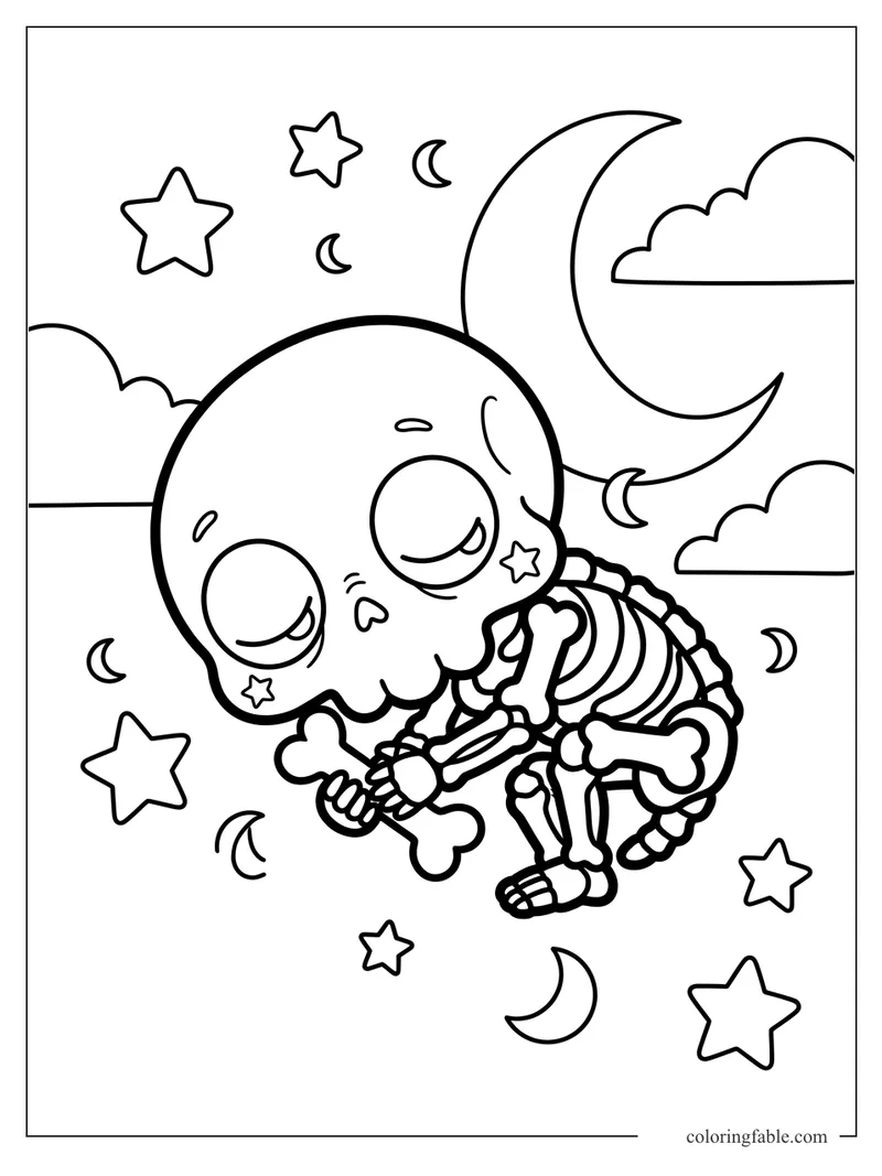 Kawaii skeleton curled up asleep among stars, tiny moons, clouds, and a large crescent moon.