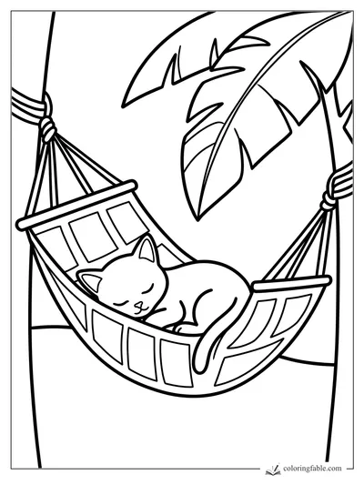 Minimalist coloring page of a sleeping kitten curled in a striped hammock between palm trunks and leaves