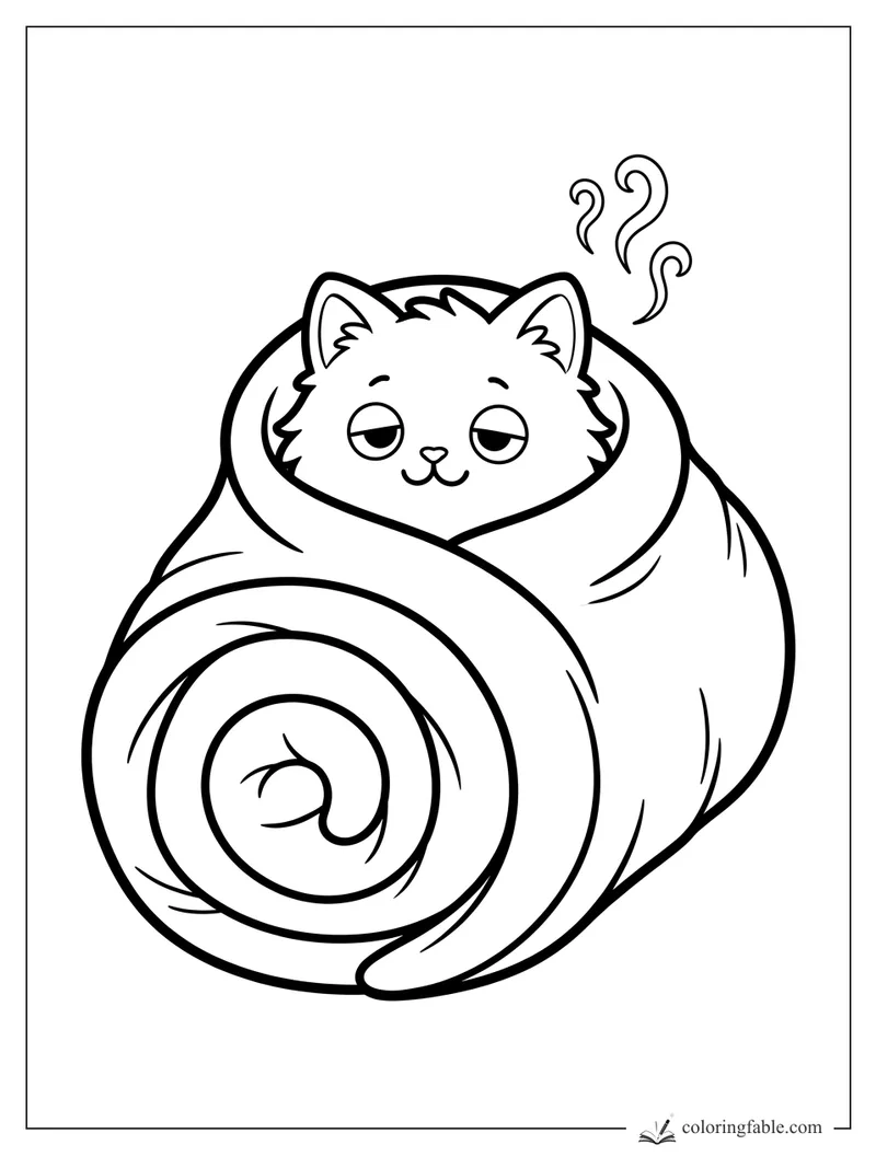 Kawaii sleepy kitten wrapped in a curled blanket with little steam swirls above its head