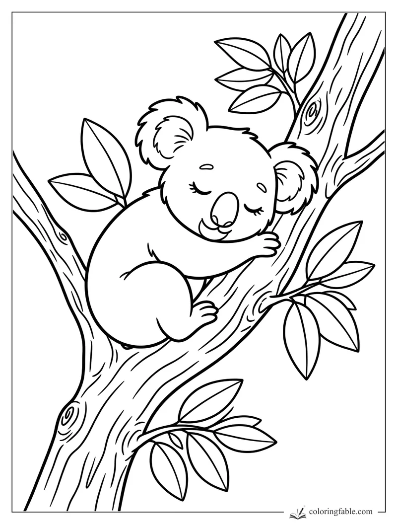 Cartoon koala sleeping while hugging a leafy eucalyptus tree branch