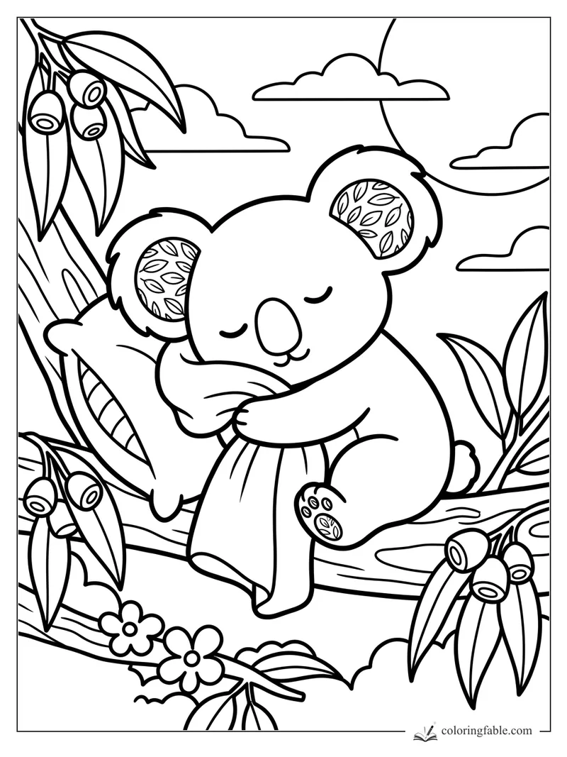 Sleeping koala hugging a eucalyptus branch with gum blossoms, leafy ears, clouds, and round paw pads