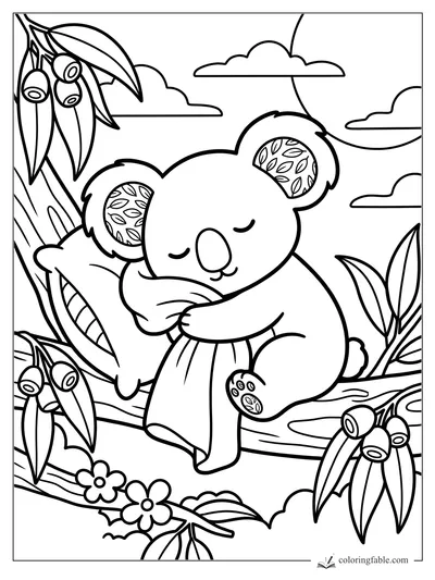 Sleeping koala hugging a eucalyptus branch with gum blossoms, leafy ears, clouds, and round paw pads