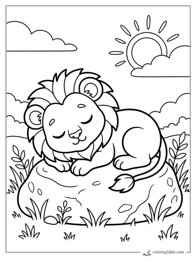 Cartoon lion sleeping on a large rock with grass, leafy plants, clouds, and a bright sun.