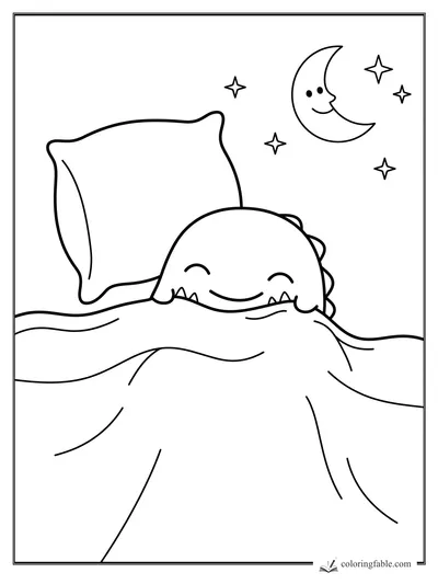 Cute monster tucked in bed with pillow, crescent moon face, and stars coloring page
