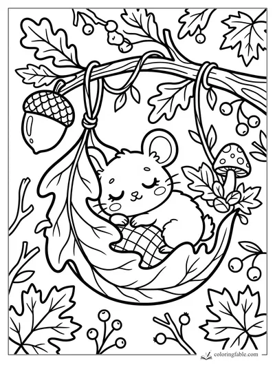 Kawaii mouse sleeping in an oak leaf hammock with acorn, berries, mushroom, and fall leaves