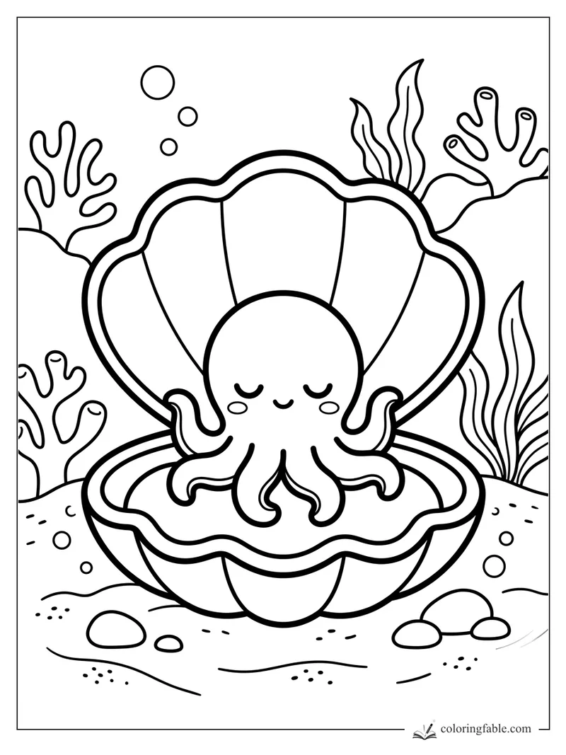 Kawaii sleepy octopus sitting in an open clam shell with coral, seaweed, bubbles, and pebbles.