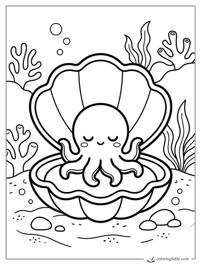 Kawaii sleepy octopus sitting in an open clam shell with coral, seaweed, bubbles, and pebbles.