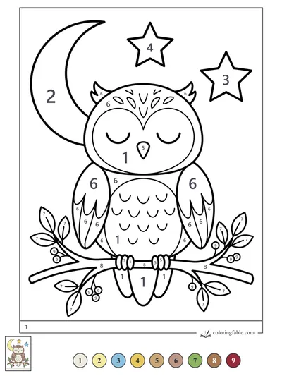 Sleepy Owl on a Moonlit Berry Branch — color by number