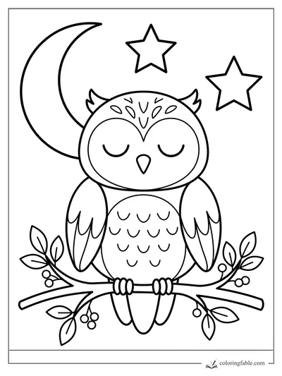 Sleeping owl on a leafy berry branch with a crescent moon and two stars