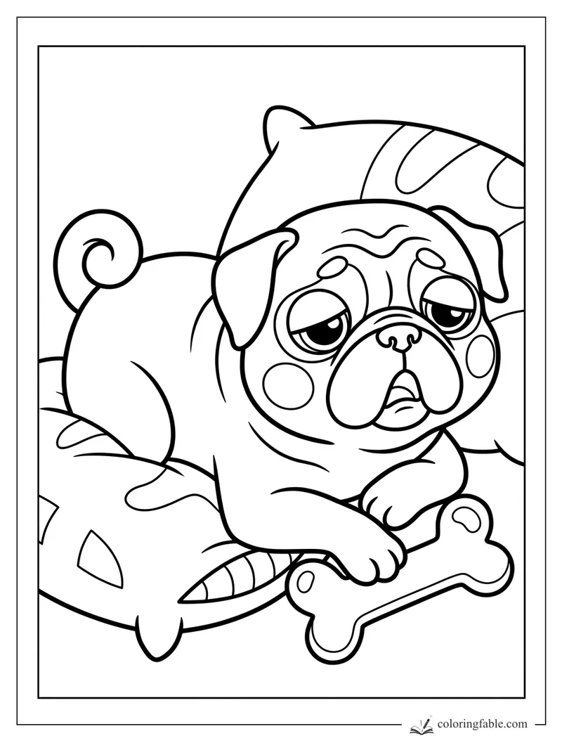 Cartoon pug with droopy eyes lying on pillows beside a striped blanket and bone toy