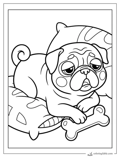 Cartoon pug with droopy eyes lying on pillows beside a striped blanket and bone toy