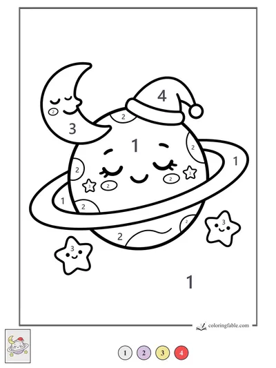 Sleepy Ringed Planet in a Santa Hat — color by number