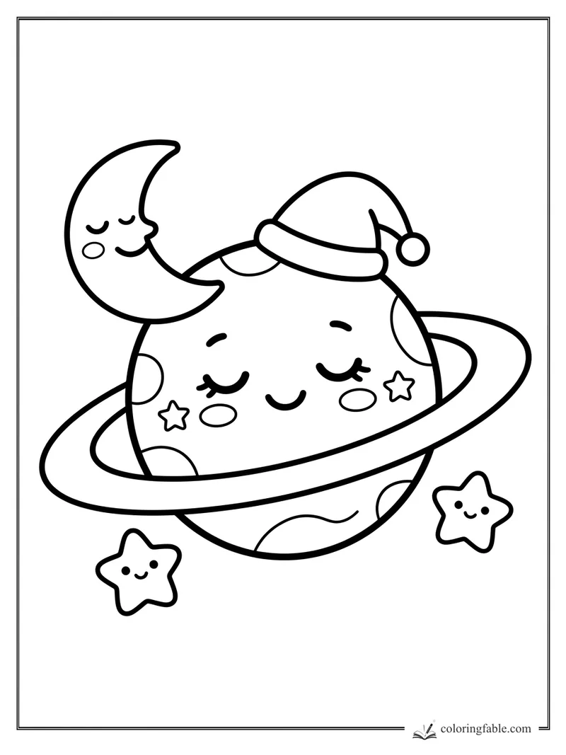 Kawaii ringed planet sleeping in a Santa hat with a crescent moon and two smiling stars